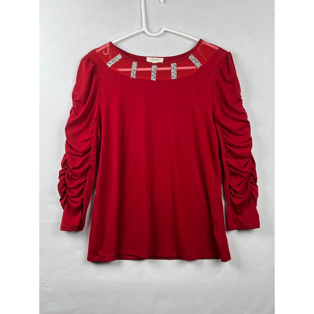 Como Bluā Rhinestone Mesh Neck Ruched Sleeve Top Womens Medium CS13476BLU Red